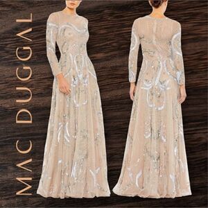 MAC DUGGAL Women’s Long Sleeve Embellished Illusion Evening Gown in the Size 18